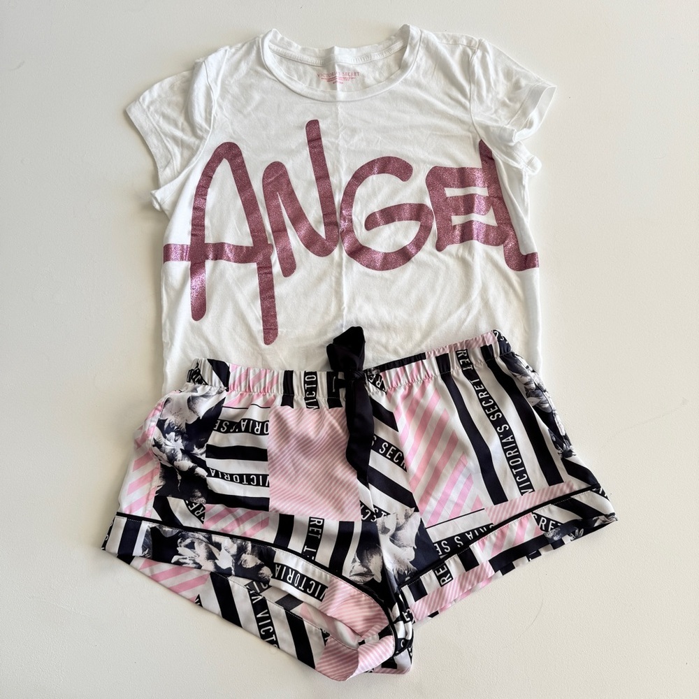 Victoria's Secret - Angel PJ Shorts and Tee in White Pink & Black